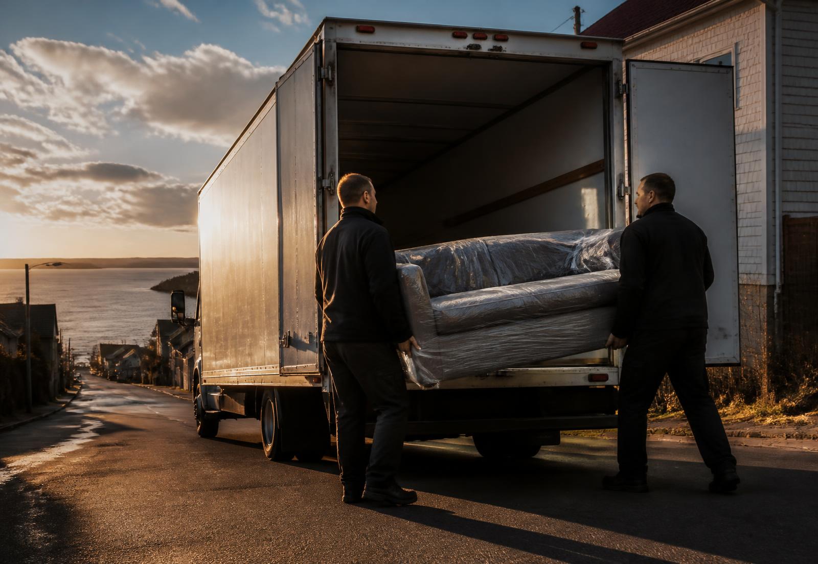 Déménageurs chargeant un sofa emballé dans un camion au coucher du soleil